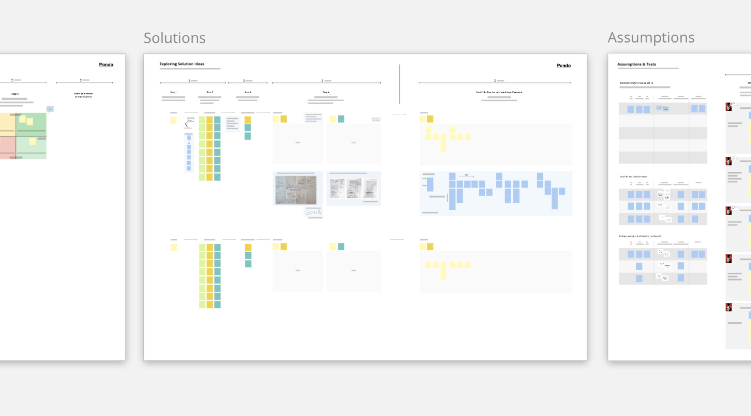 Miro board frames headed Solutions and Assumptions, laid out with sticky notes, sketches and tables for workshop exercises