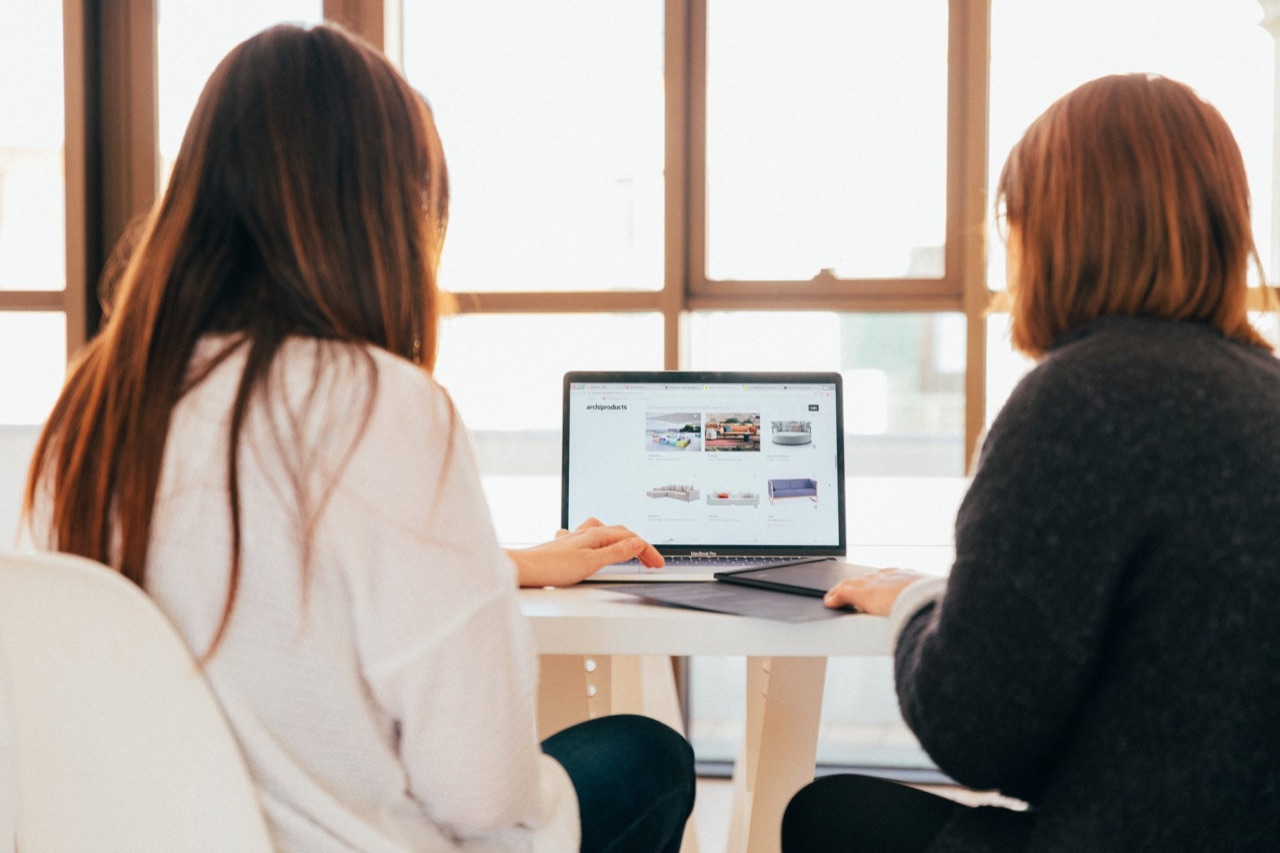 Two people seen from behind, looking at a website on a laptop together