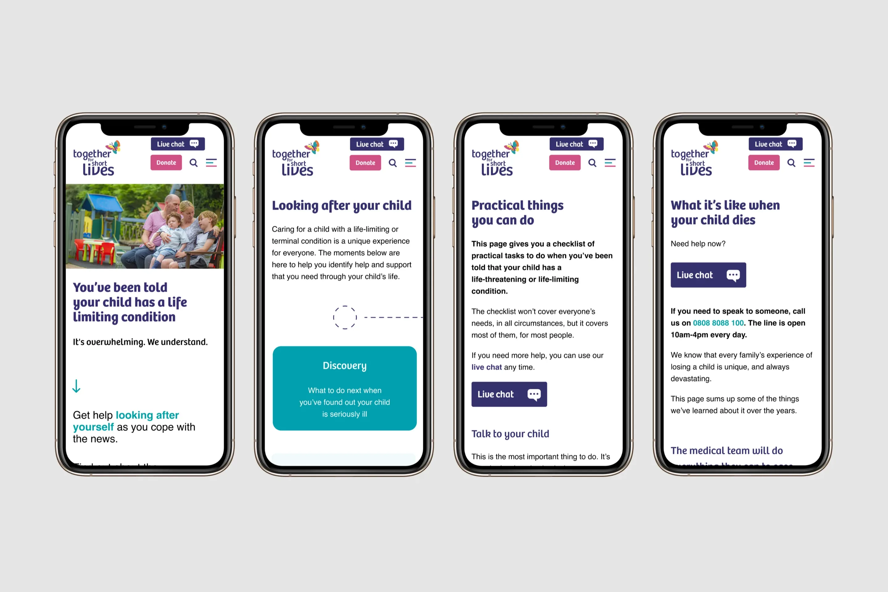 Four mobile screens of a Together for Short Lives prototype - a digital service co-designed with one of the cohort charities, showing how the programme turned discovery insights into testable products.