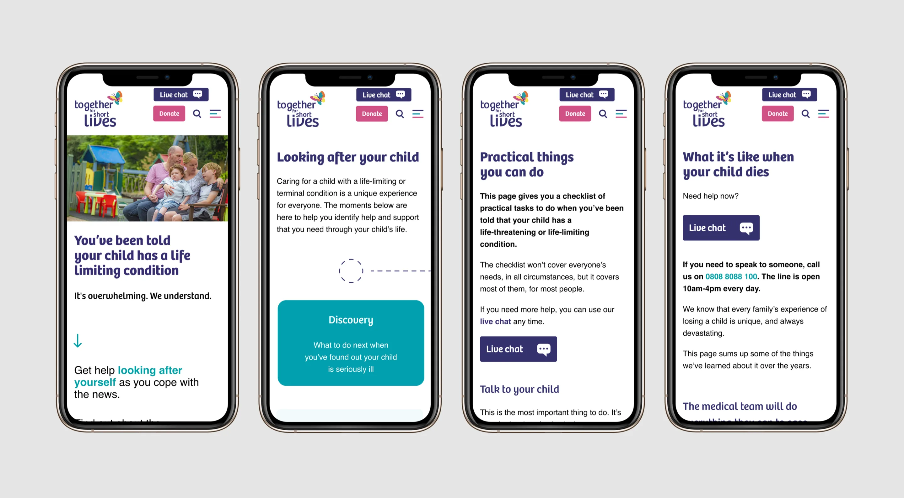 Four mobile screens of a Together for Short Lives prototype - a digital service co-designed with one of the cohort charities, showing how the programme turned discovery insights into testable products.