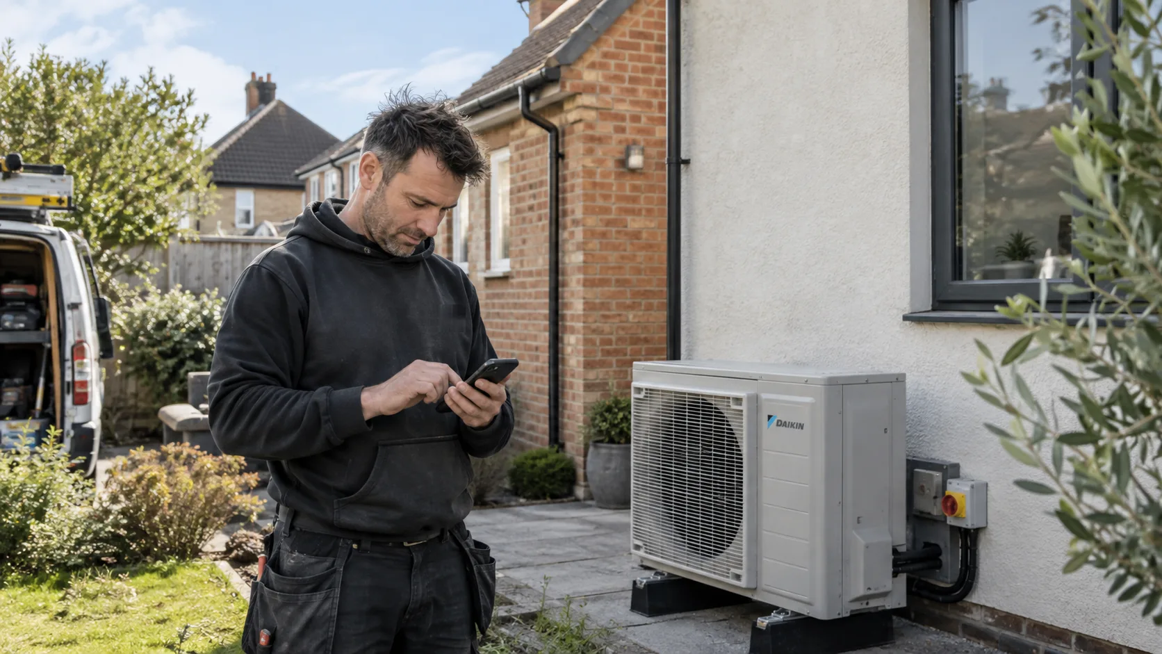 An installer checking his phone beside a newly fitted heat pump at the side of a house, his van open on the driveway behind him.