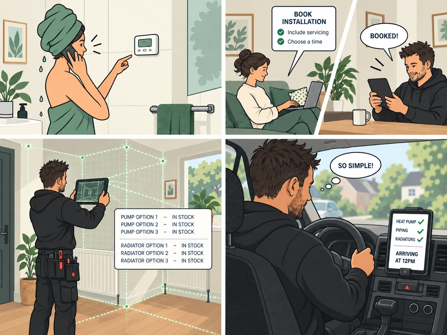 A four-panel storyboard: a homeowner phoning about failed heating, booking an installation from the sofa, an installer checking stock on a tablet in the room he is surveying, and the same installer driving to the job thinking "so simple!".