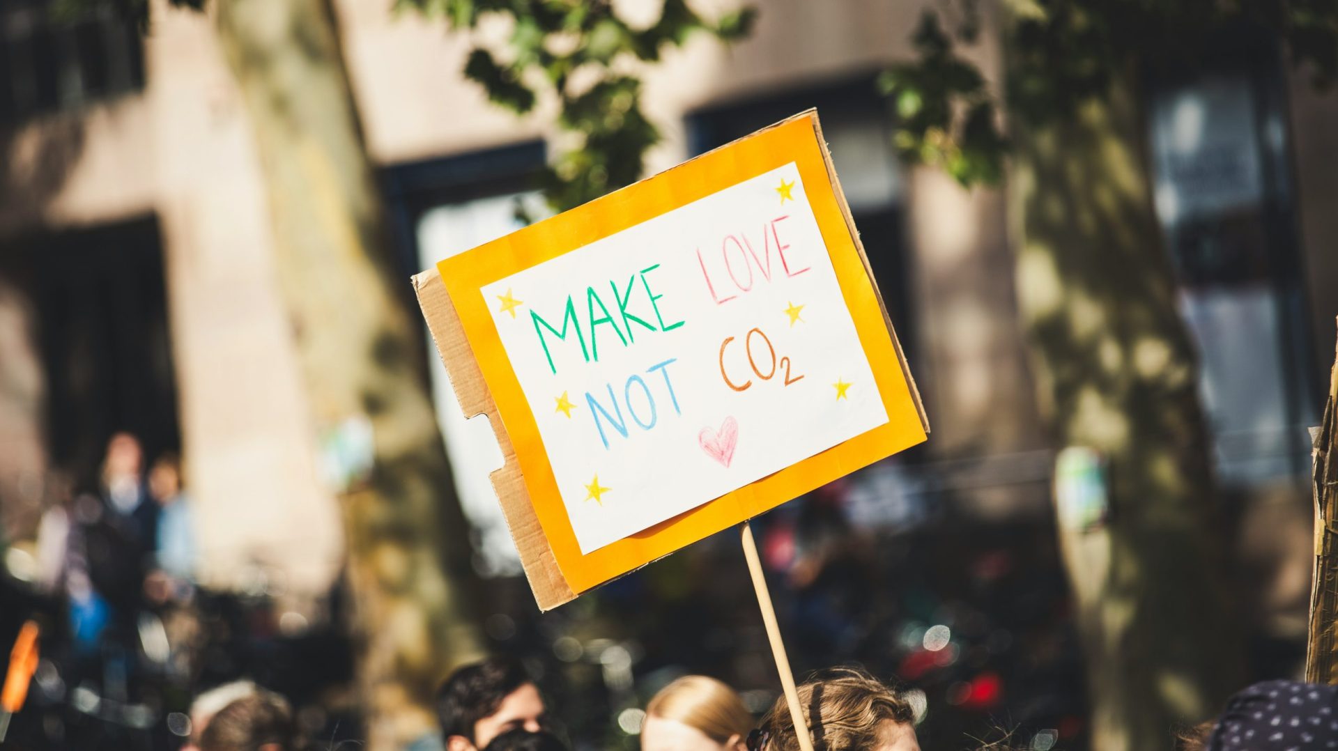 A hand-made placard reading 'Make love not CO2' held up above a crowd in a sunlit street.
