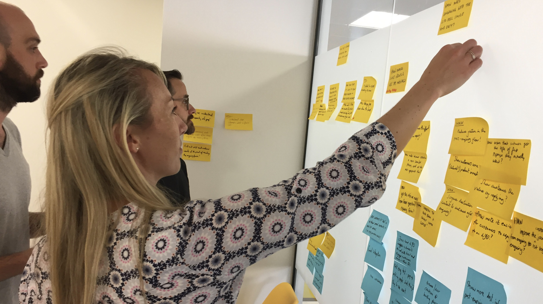 The team prioritising opportunities and ideas on sticky notes in a post-research workshop.