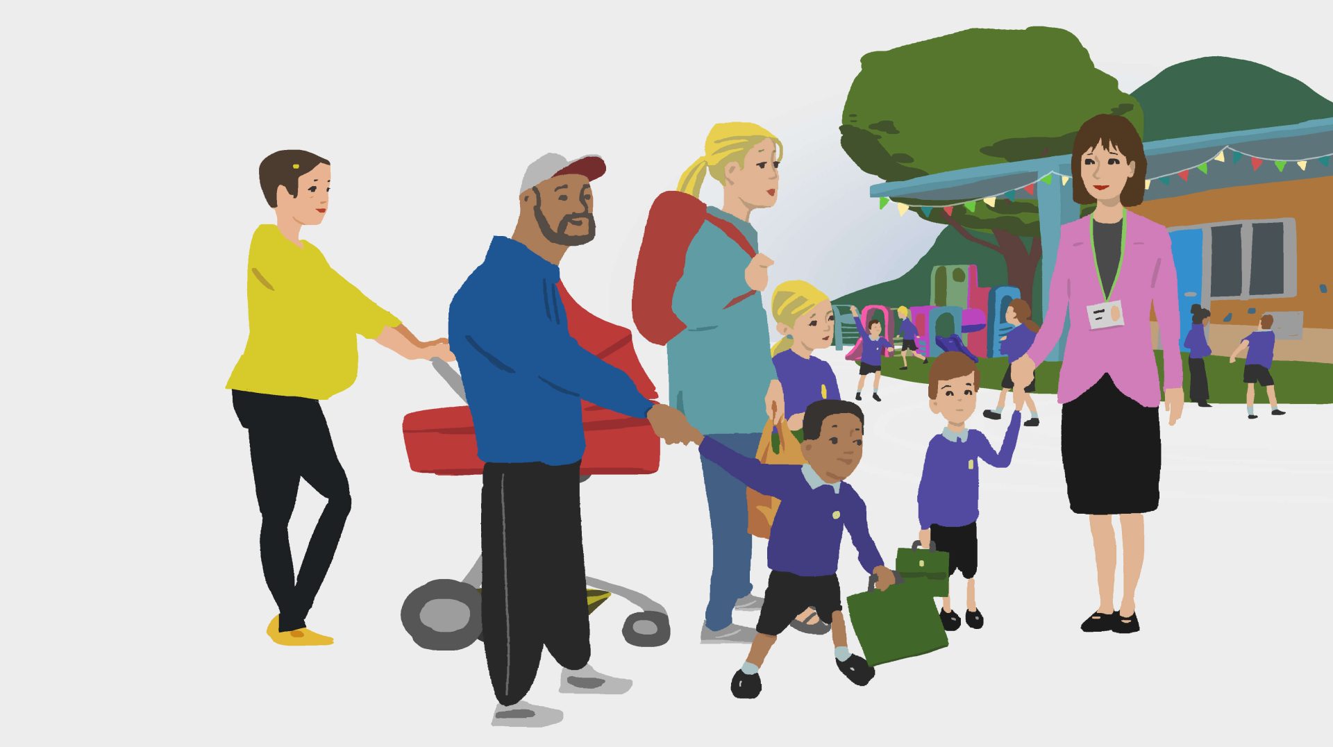 An illustration of children and parents in a school setting, from the strategy website's home page.
